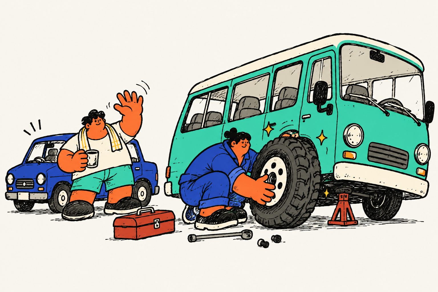 バスの車輪を整備する整備士と手を振る島の人のイラスト